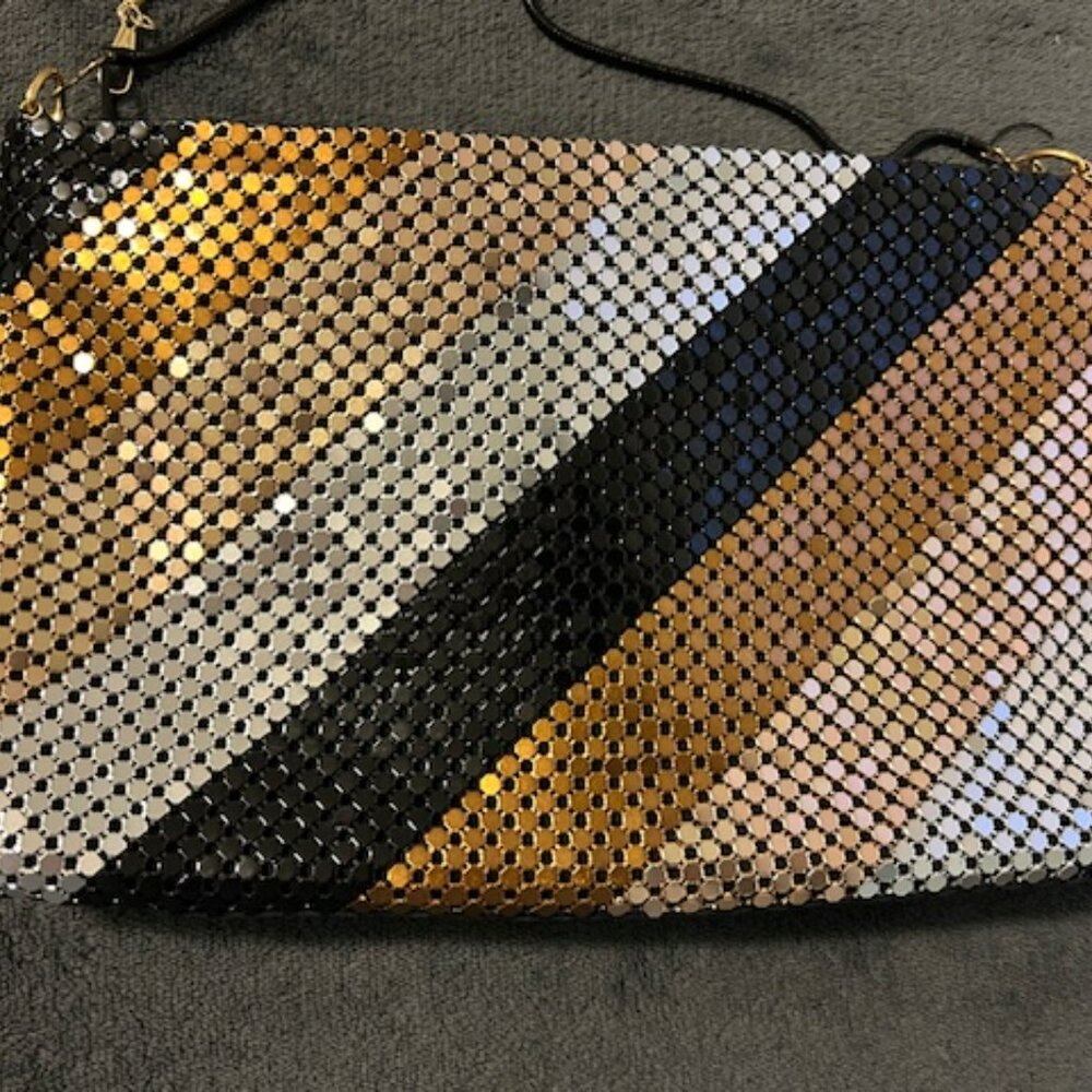 Vintage Gold Black Silver Bronze Metal Mesh Stripe Purse Bag - Picture 2 of 5